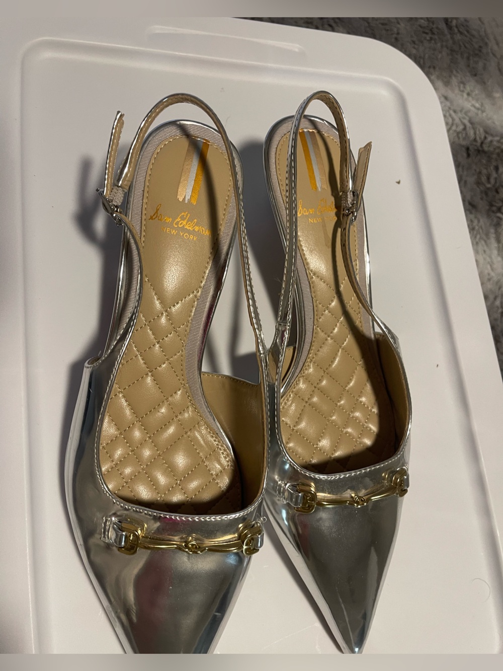 Sam Edelman Metallic Silver Pointed Slingback Flats with Gold Accent